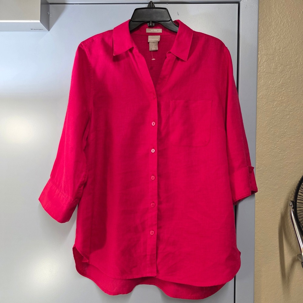 Chico's No Iron 100% Linen Button Down Shirt Magenta Pink 3/4 Sleeve 1 US 8/10
